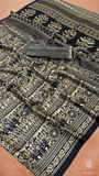 Black & Beige Warli Satin Silk Saree