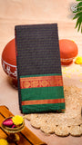 Black Checkered Red & Green Bordered Peacock Handloom Narayanpet Cotton Saree