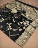 Black and Gold Floral Pure Georgette Handloom Weaving Silk Saree