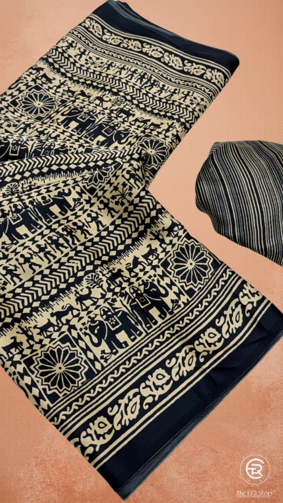 Black & Beige Warli Satin Silk Saree