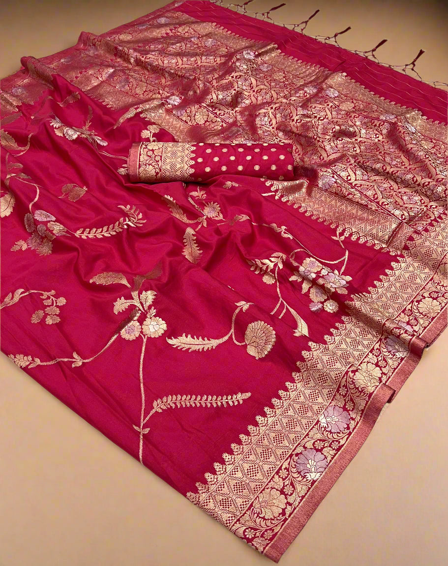 Dark Pink and Gold Floral Pure Georgette Handloom Weaving Silk Saree