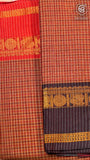 Brown Checkered Red & Bacl Bordered Peacock Handloom Narayanpet Cotton Saree