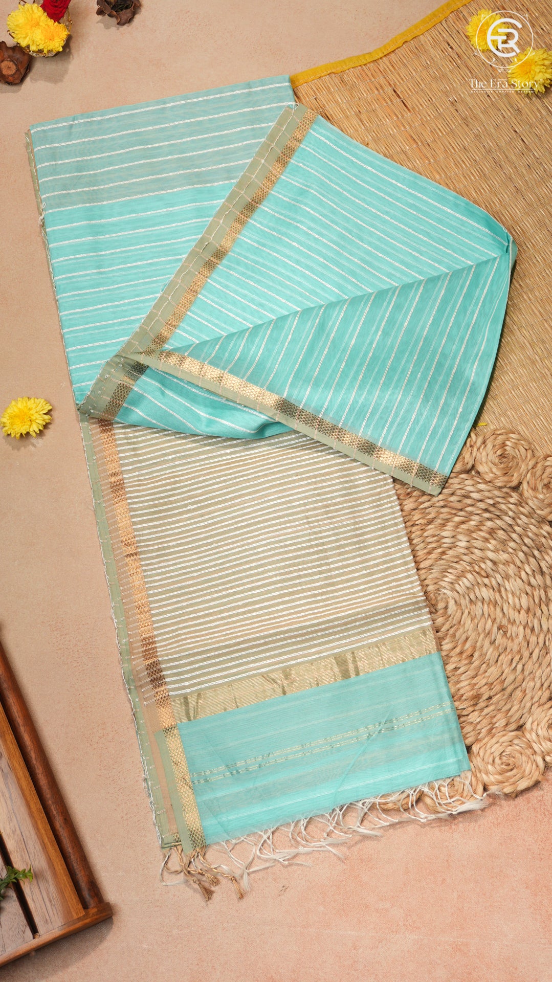 Turquoise & Beige Handloom Pure Maheshwari Silk Saree