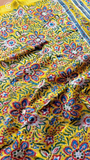 Yellow & Blue Floral Handblocked Pure Maheshwari Cotton Sarees