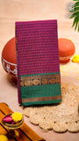 Purple Checkered Green & Yellow Bordered Peacock Handloom Narayanpet Cotton Saree