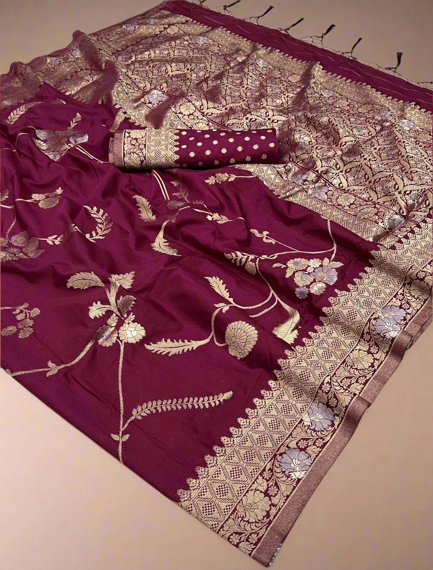 Wine Red and Gold Floral Pure Georgette Handloom Weaving Silk Saree