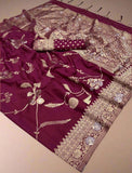 Wine Red and Gold Floral Pure Georgette Handloom Weaving Silk Saree