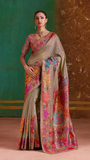 Taupe Grey Maple Leaf Pure Kashmiri Festive Weave Cotton Saree