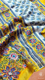 Yellow & Blue Floral Handblocked Pure Maheshwari Cotton Sarees