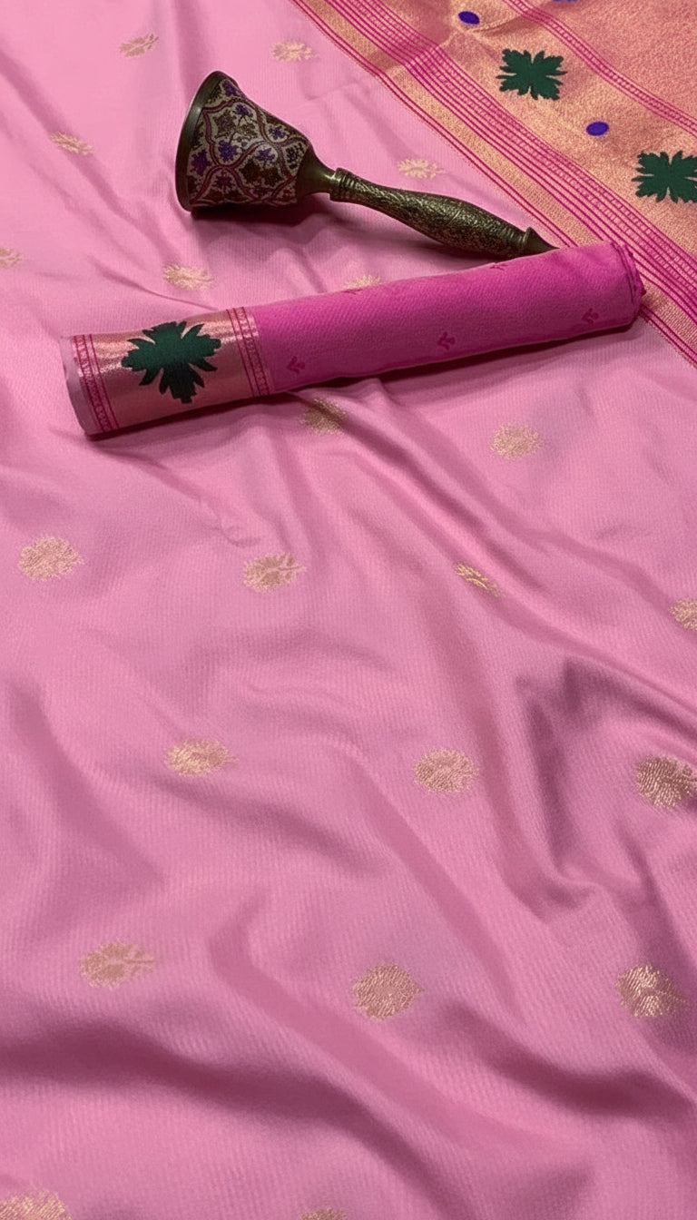 Pink Single Muniya Floral Paithani Soft Silk Sarees