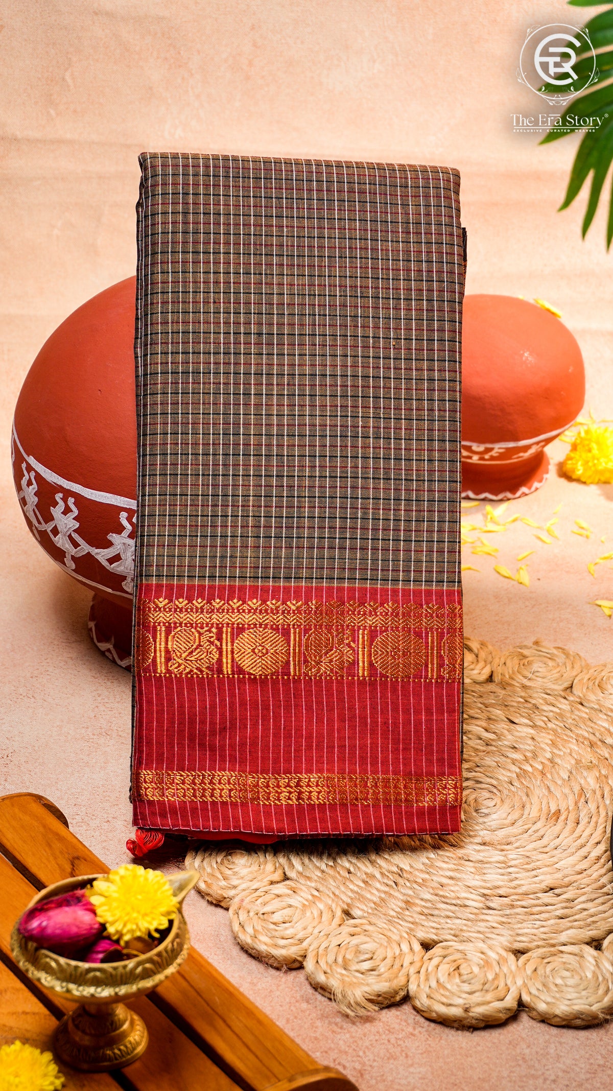 Kakhi Brown Checkered Green & Yellow Bordered Peacock Handloom Narayanpet Cotton Saree