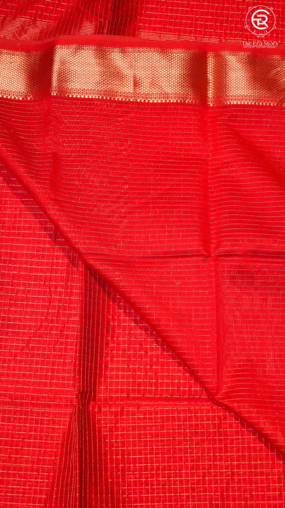 Crimson Red & Gold Checked Zari Handloom Pure Maheshwari Silk Saree