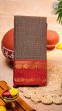 Kakhi Brown Checkered Green & Yellow Bordered Peacock Handloom Narayanpet Cotton Saree