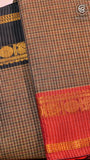 Kakhi Brown Checkered Green & Yellow Bordered Peacock Handloom Narayanpet Cotton Saree
