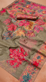 Taupe Grey Maple Leaf Pure Kashmiri Festive Weave Cotton Saree