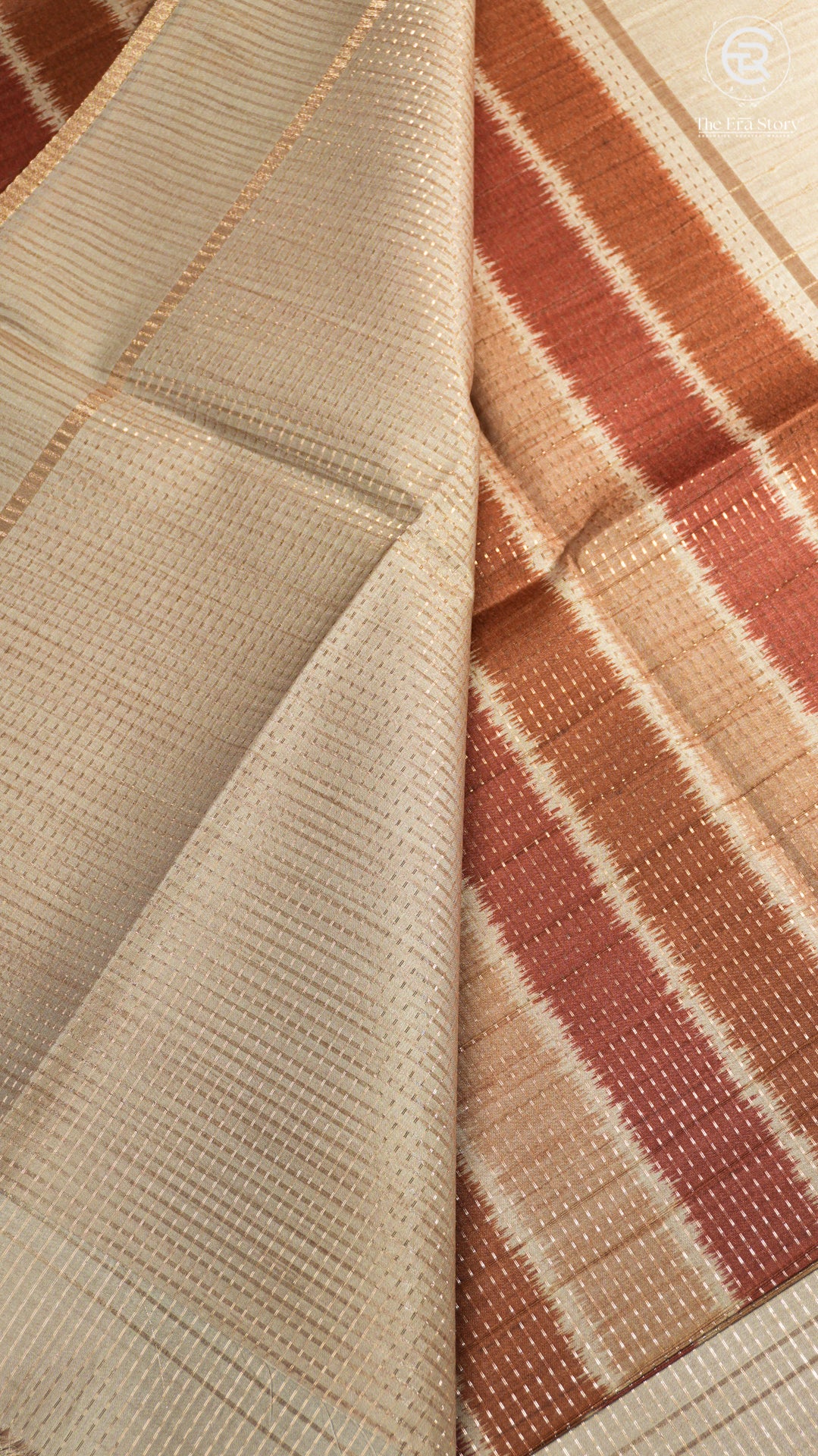Brown and Beige Kantha Matka Tussar Silk Saree