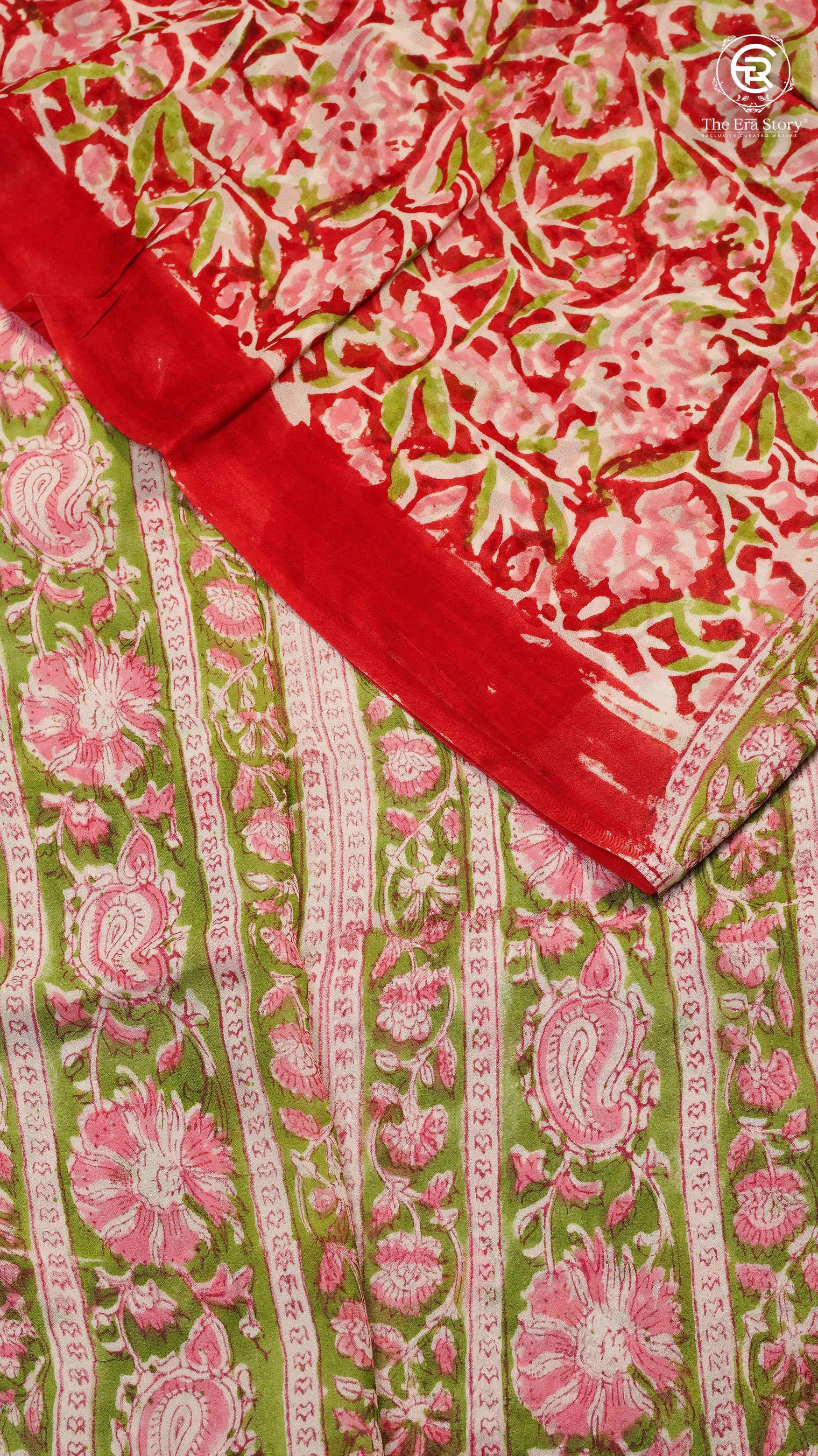 Red & Pink Vine Floral Handblocked Pure Georgette Saree