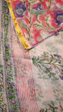Pink & Blue Yellow Floral Handblocked Pure Double Chiffon Saree