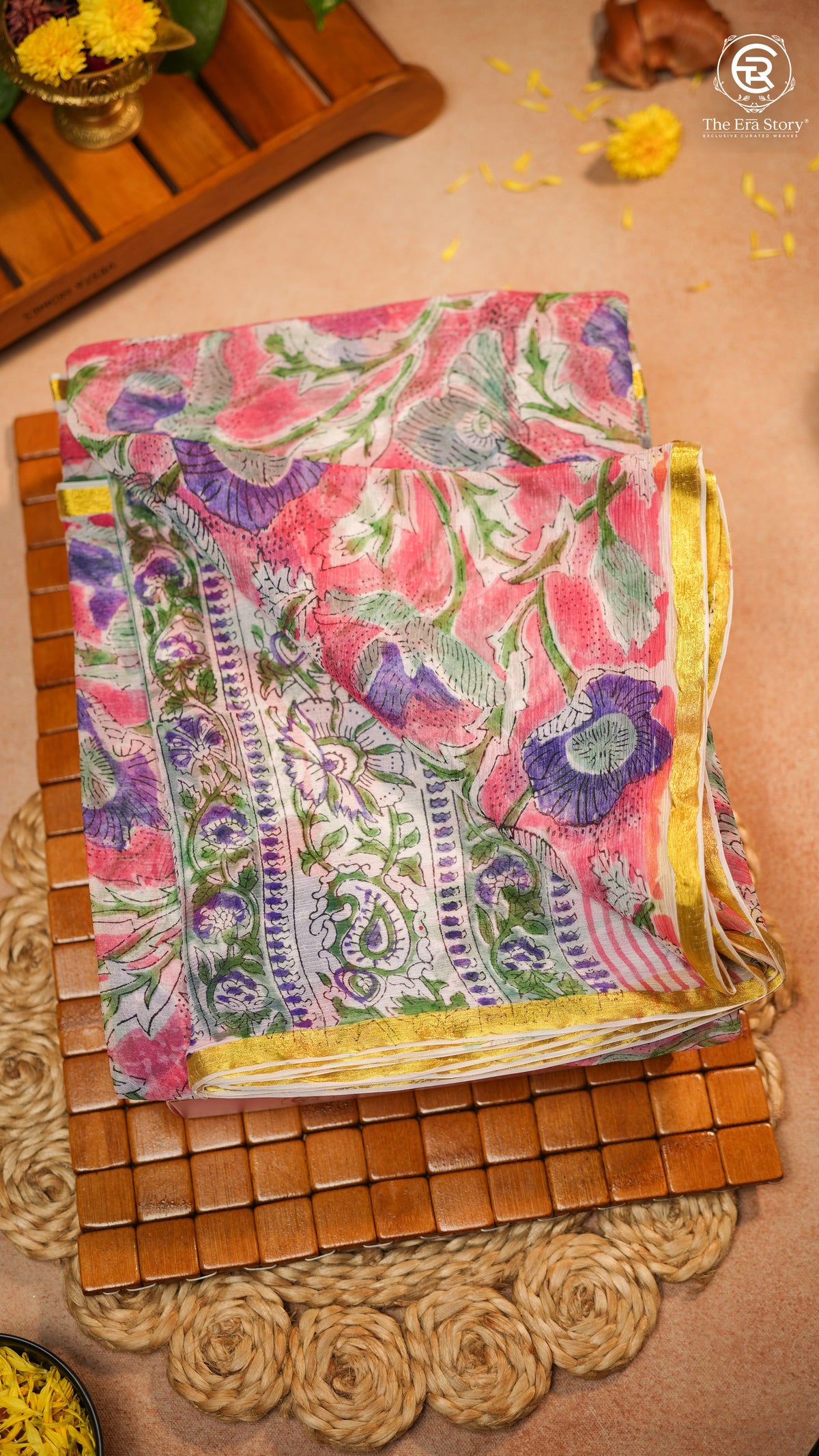 Pink & Blue Yellow Floral Handblocked Pure Double Chiffon Saree