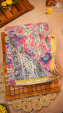 Pink & Blue Yellow Floral Handblocked Pure Double Chiffon Saree