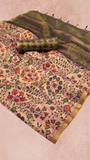 Pink Floral Printed Handloom Zari Weaving Tissue Silk Saree