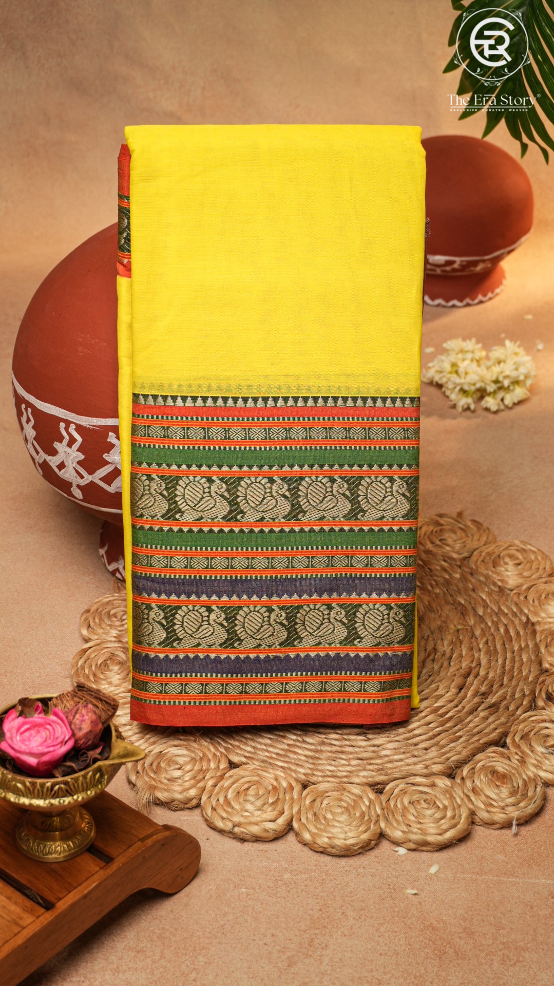 Bright Yellow Peacock & Paisley Border Handloom Narayanpet Cotton Saree