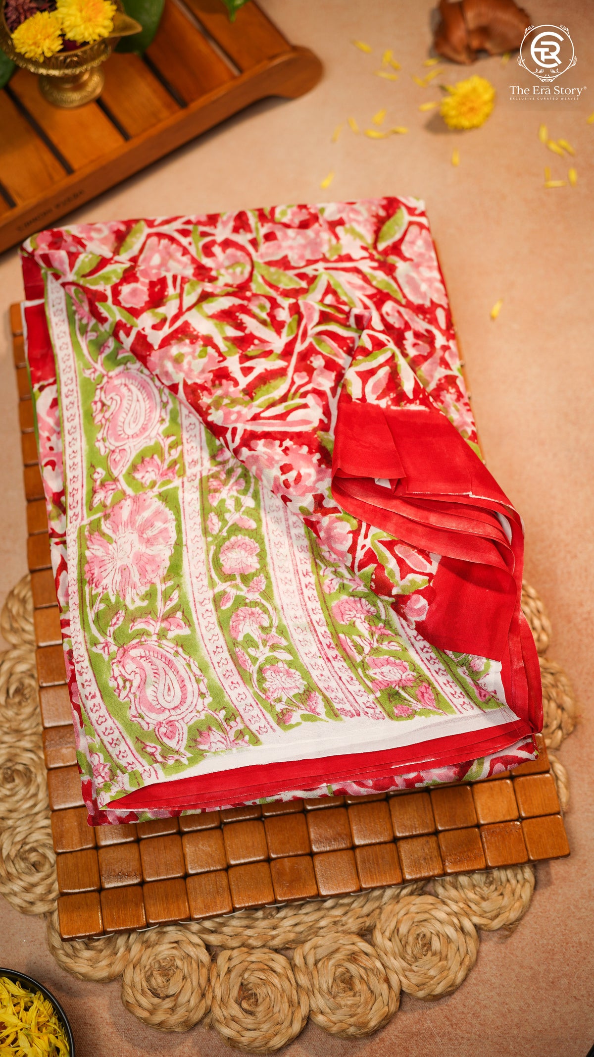 Red & Pink Vine Floral Handblocked Pure Georgette Saree