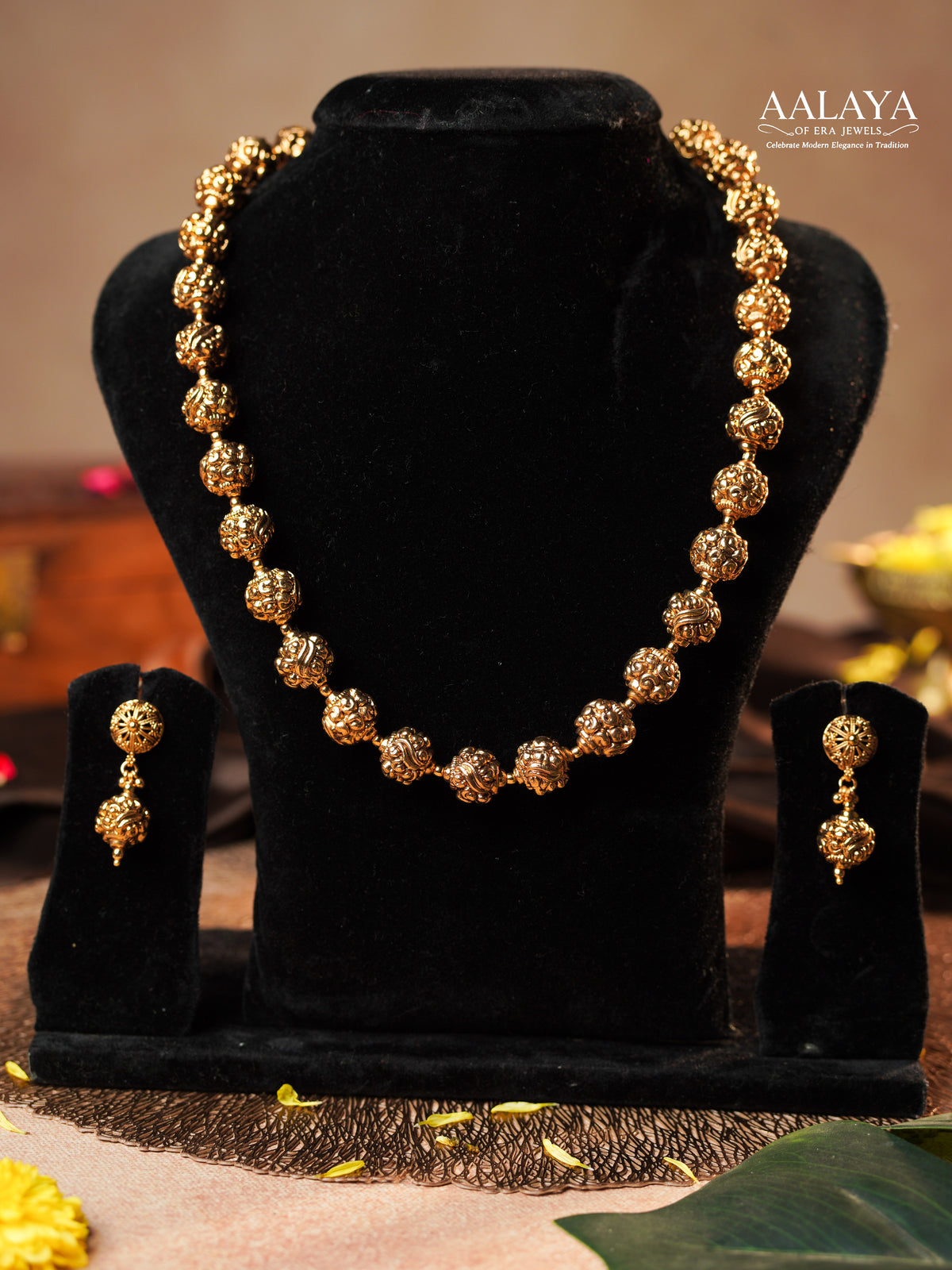 Aalaya Antique Gold Beaded Necklace Set