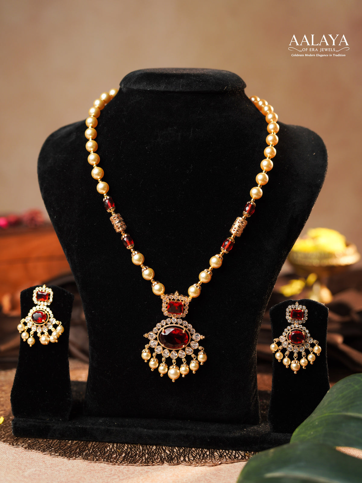Aalaya Ruby Pearl Pendant Necklace Set