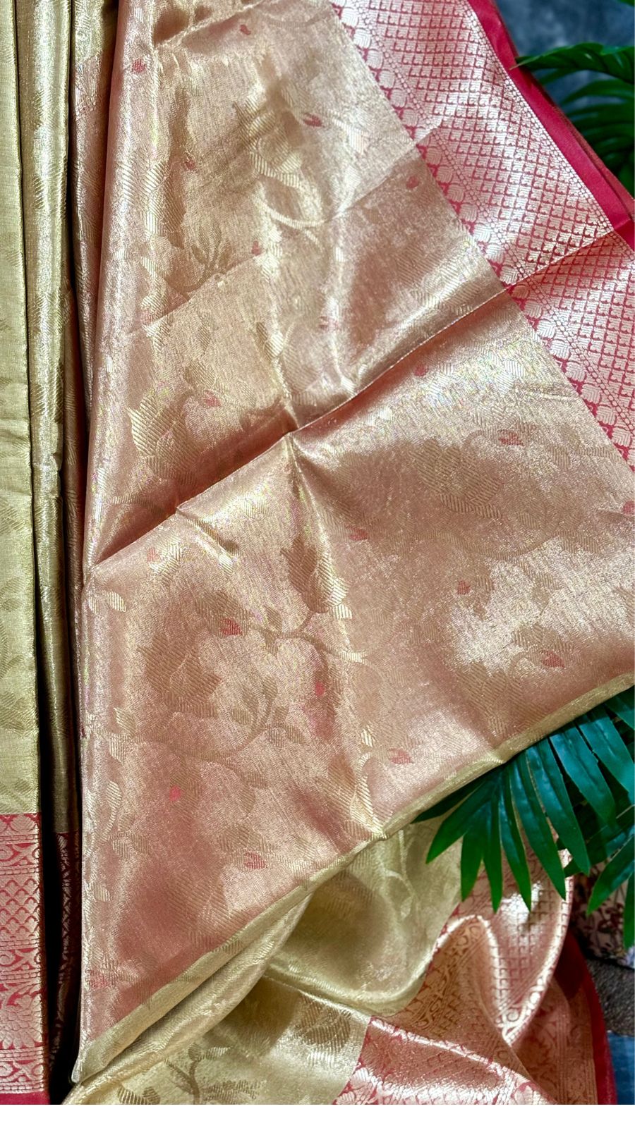 Gold and Red Floral Tissue Silk Saree