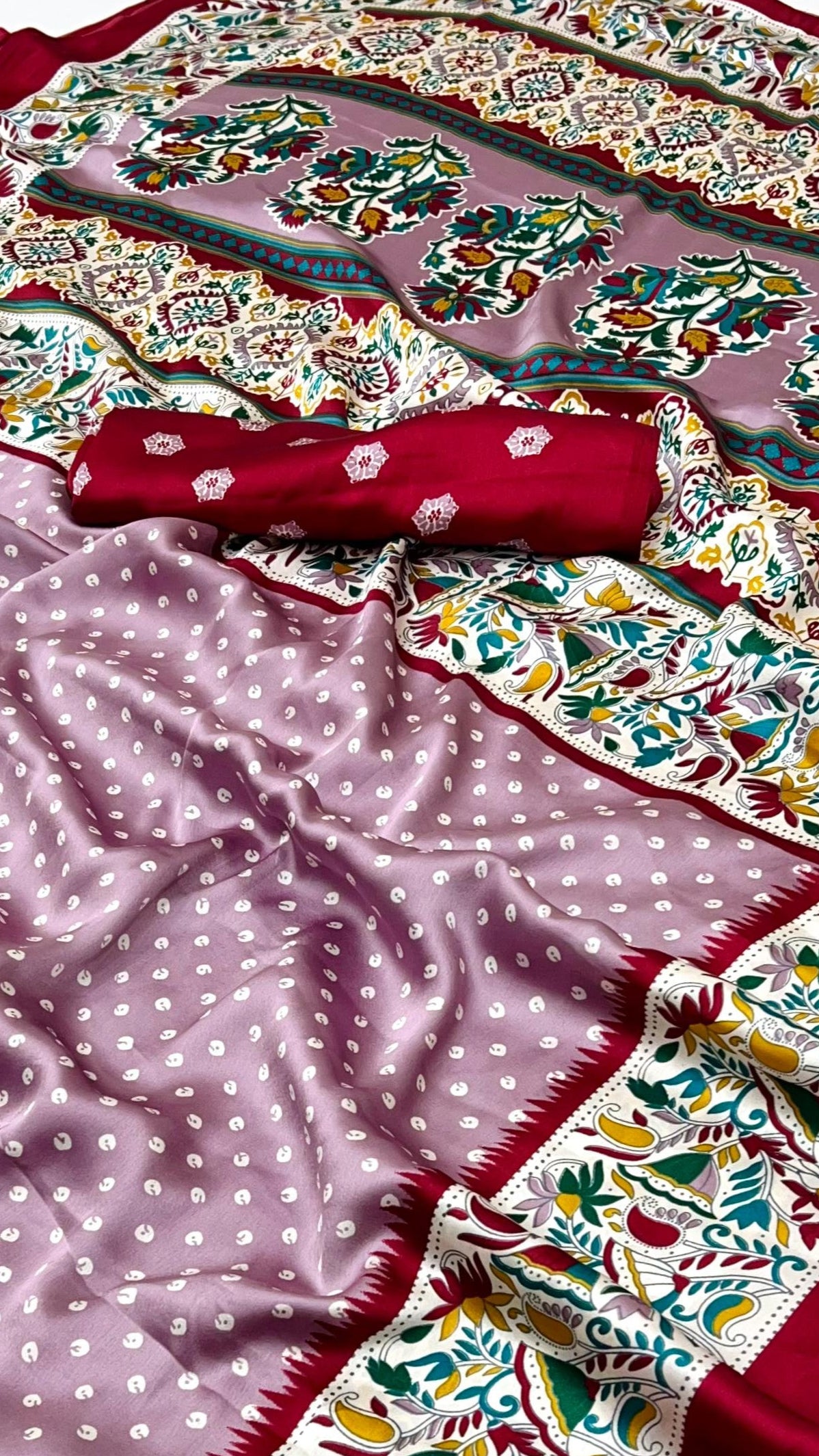 Onion Pink Bandhini Floral Ajrakh Gajji Silk Saree