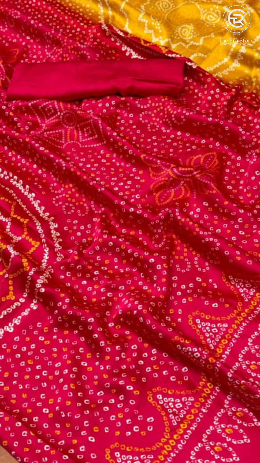 Red Yellow Ajrakh Bandtini Satin Modal Silk Saree