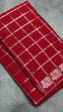 Red Silver Checkered Peacock Sungadi Pure Cotton Saree