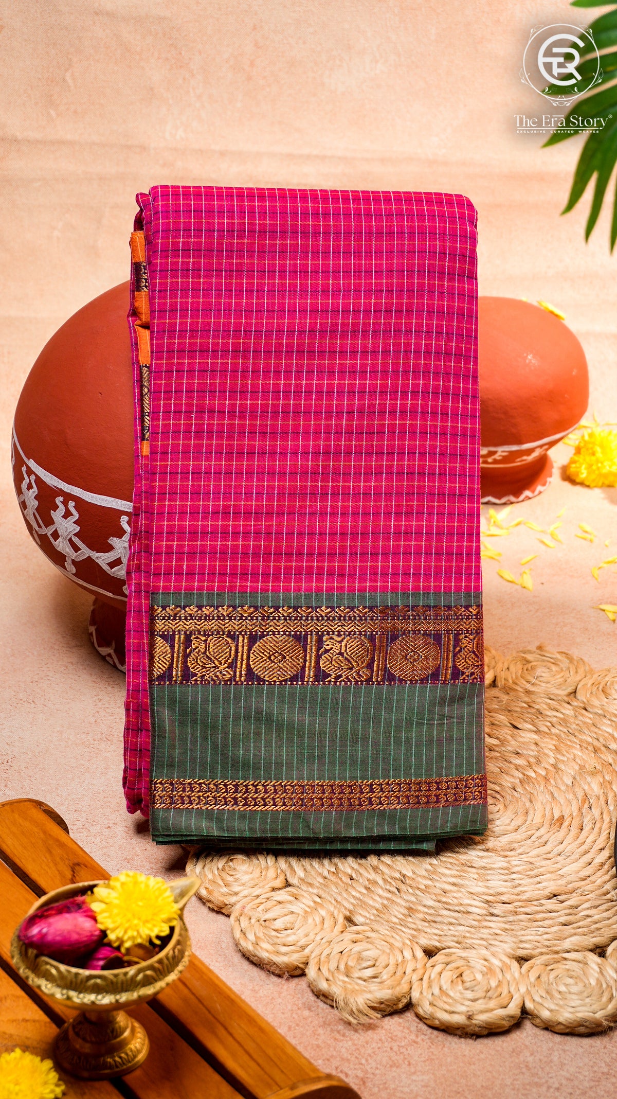 Ruby Pink Checkered Green & Yellow Bordered Peacock Handloom Narayanpet Cotton Saree