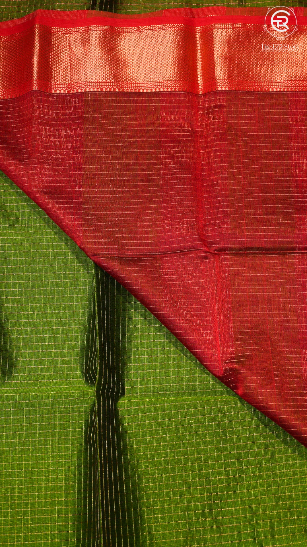 Moss Green & Red Checked Zari Handloom Pure Maheshwari Silk Saree