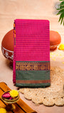 Ruby Pink Checkered Green & Yellow Bordered Peacock Handloom Narayanpet Cotton Saree
