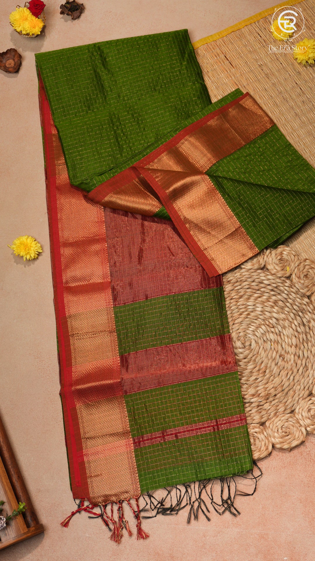 Moss Green & Red Checked Zari Handloom Pure Maheshwari Silk Saree