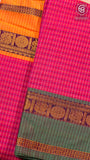 Ruby Pink Checkered Green & Yellow Bordered Peacock Handloom Narayanpet Cotton Saree