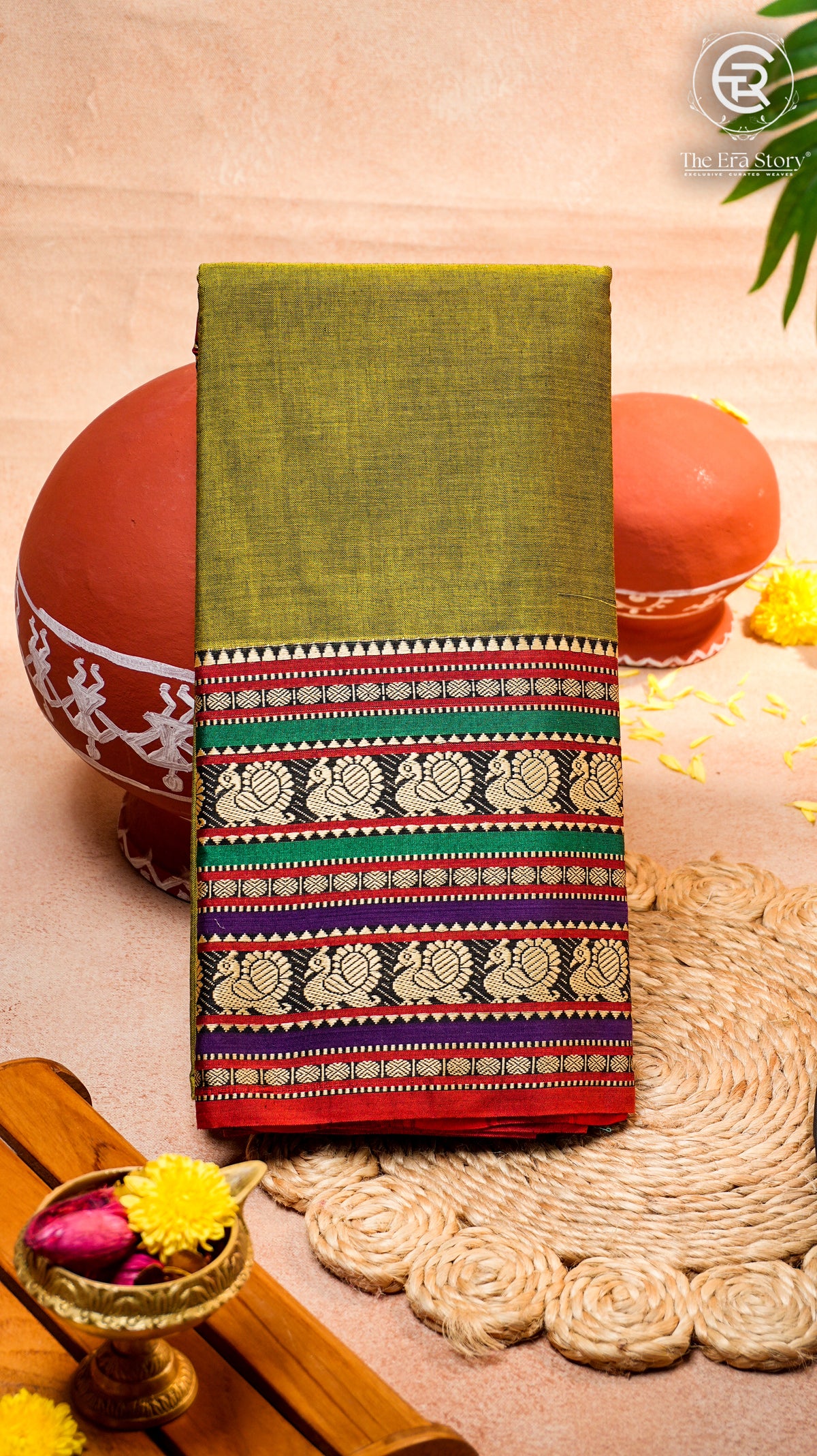 Forest Green & Red Peacock Double Layered Handloom Narayanpet Cotton Saree