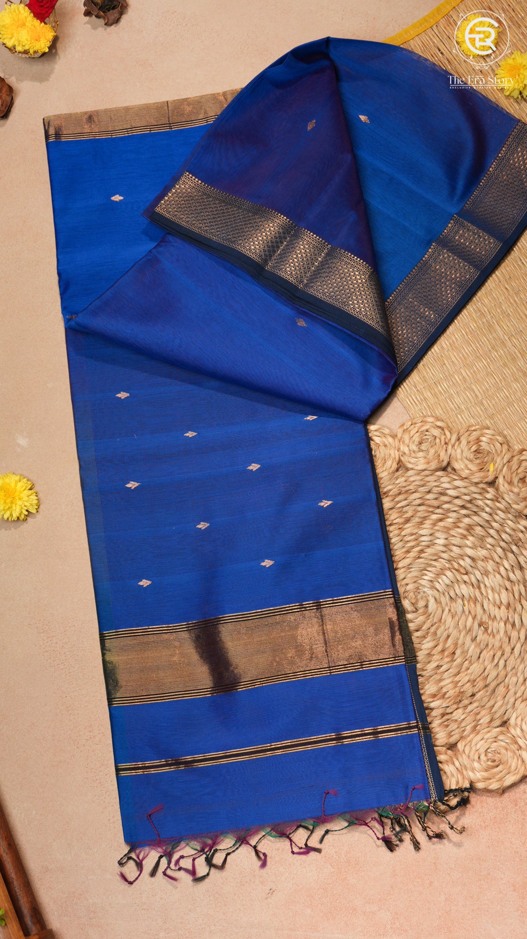 Royal Blue Leaf Butta Zari Handloom Pure Maheshwari Silk Saree