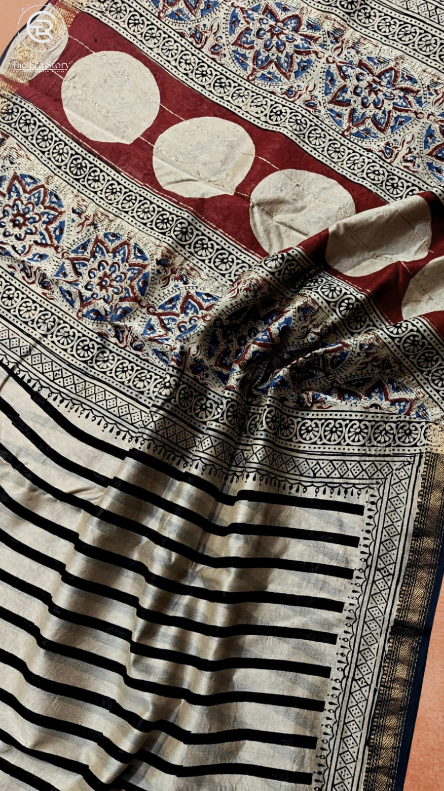 White Black & Red Line Patterned Handblocked Pure Maheshwari Cotton Sarees