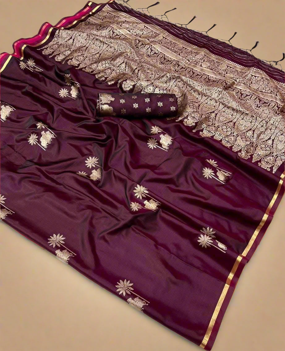 Deep Maroon Pichwai Zari Weaving Satin Munga Banarasi Silk Saree