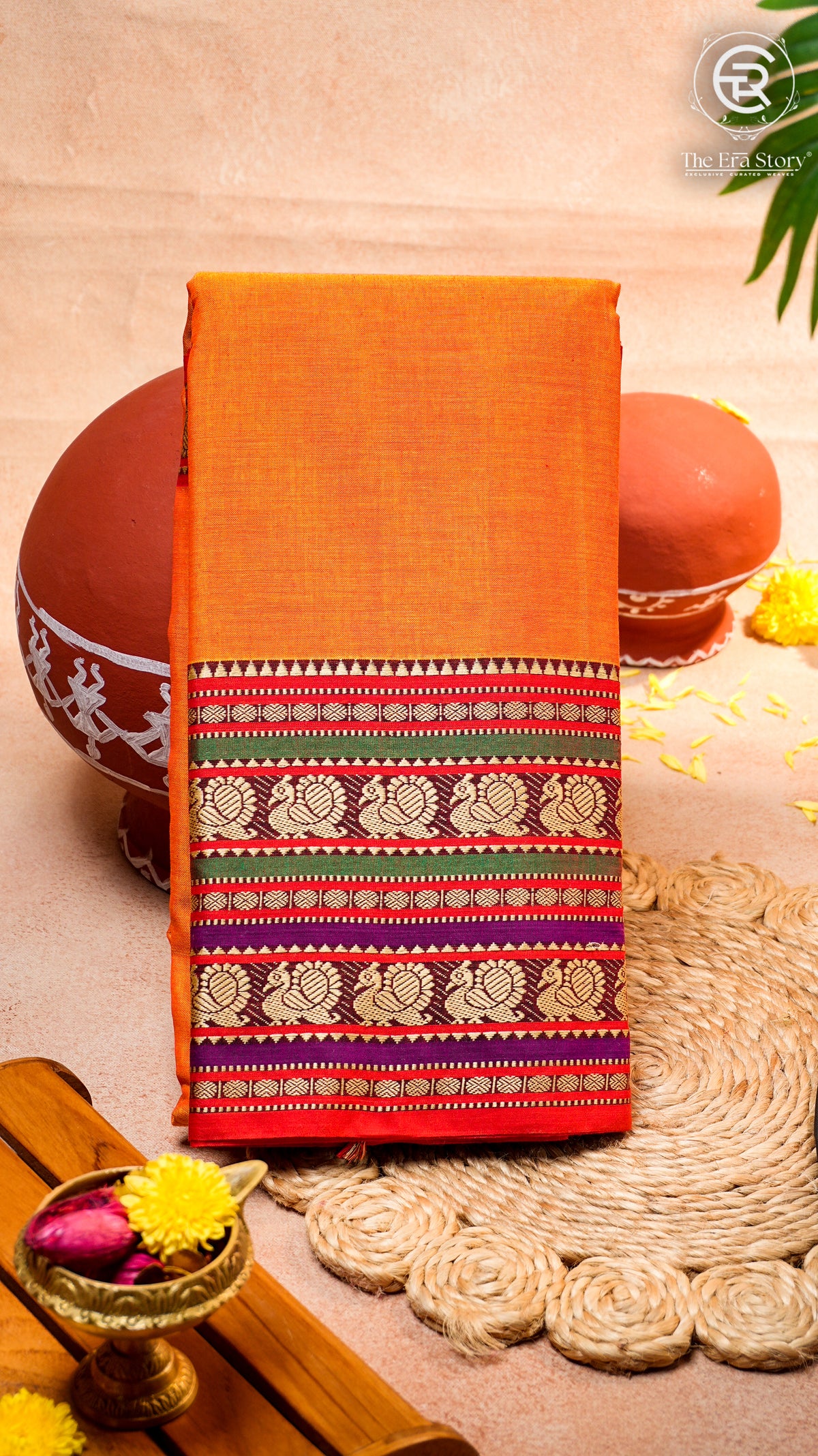 Bright Orange & Red Peacock Double Layered Handloom Narayanpet Cotton Saree