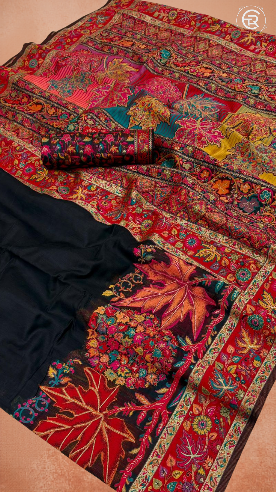 Black Floral and Foliage Inspired Pure Kashmiri Festive Weave Cotton Saree