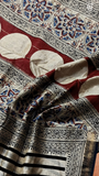 White Black & Red Line Patterned Handblocked Pure Maheshwari Cotton Sarees