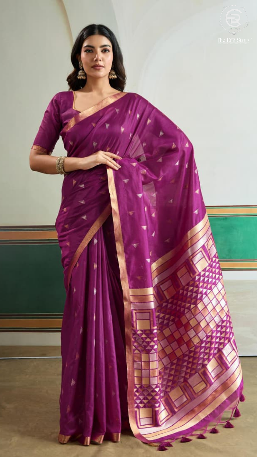 Magenta Pink Triangle Ikkat Handloom Tussar Silk Saree