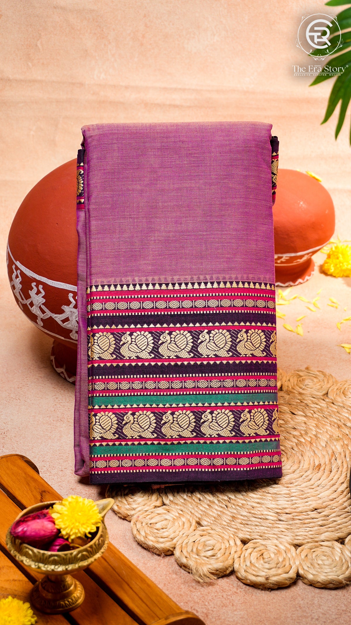 Lavender & Black Peacock Double Layered Handloom Narayanpet Cotton Saree