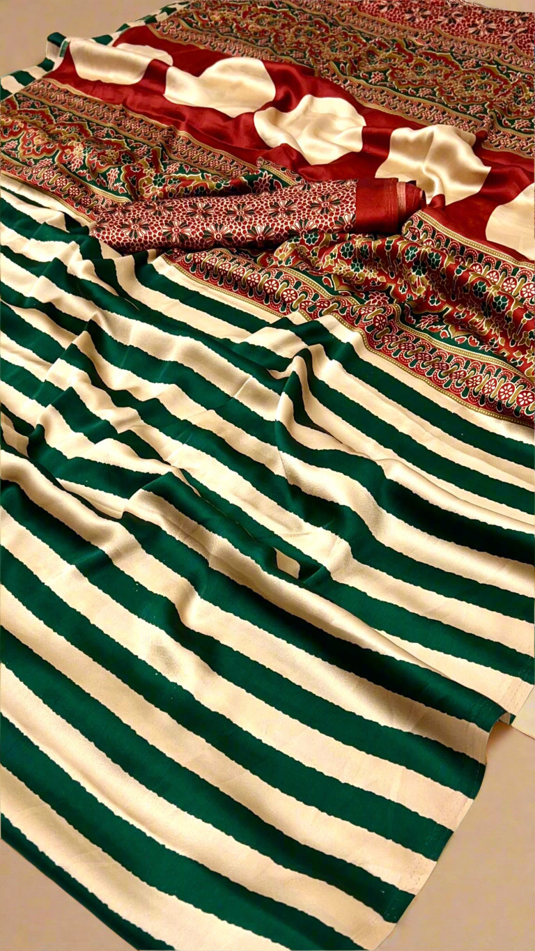 Gold and Dark Green Striped Ajrakh Satin Gajji Silk Saree