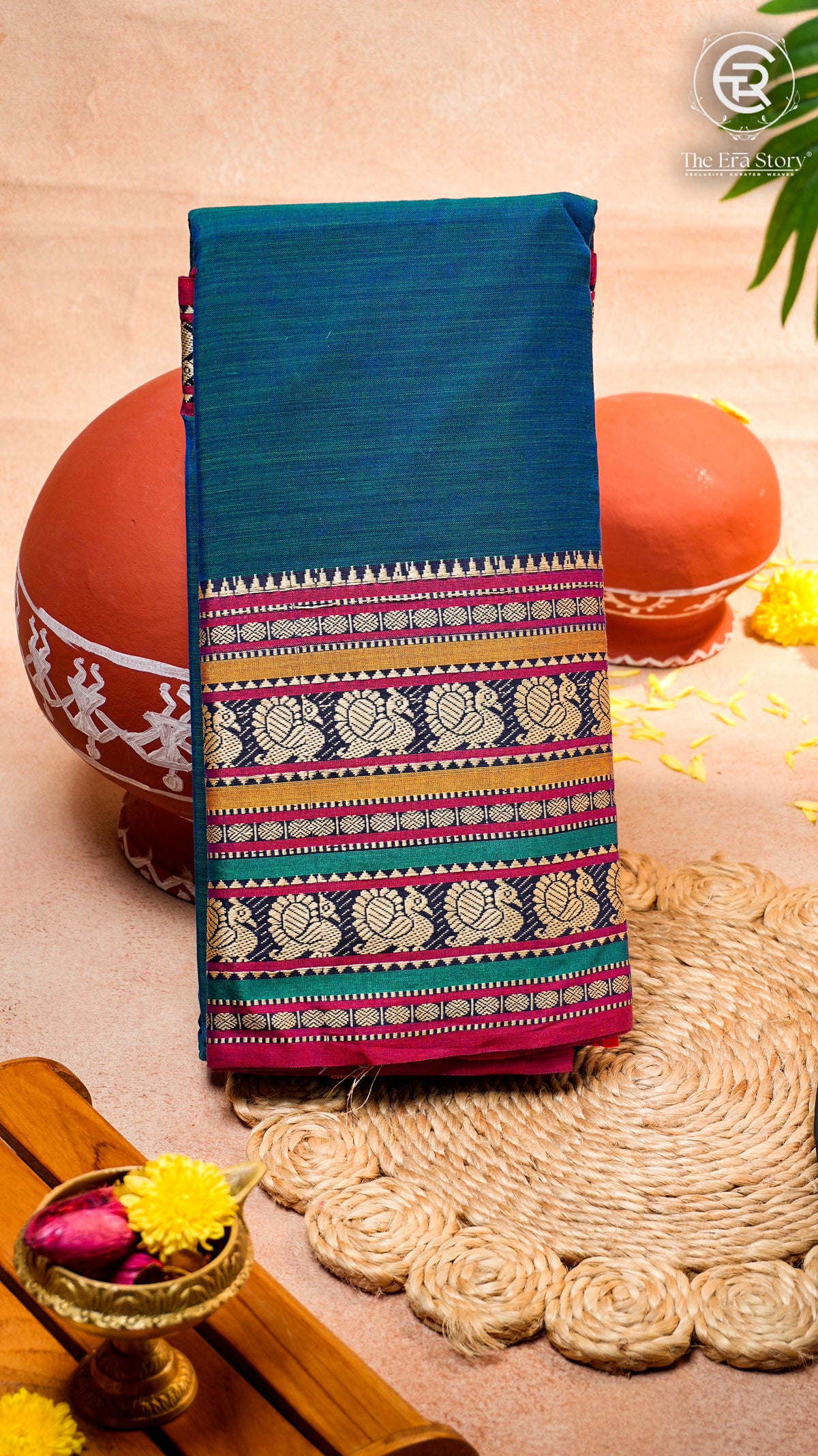 Peacock Blue & Pink Peacock Double Layered Handloom Narayanpet Cotton Saree