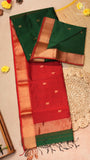 Emerald Green & Red Swastik Butta Zari Handloom Pure Maheshwari Silk Saree
